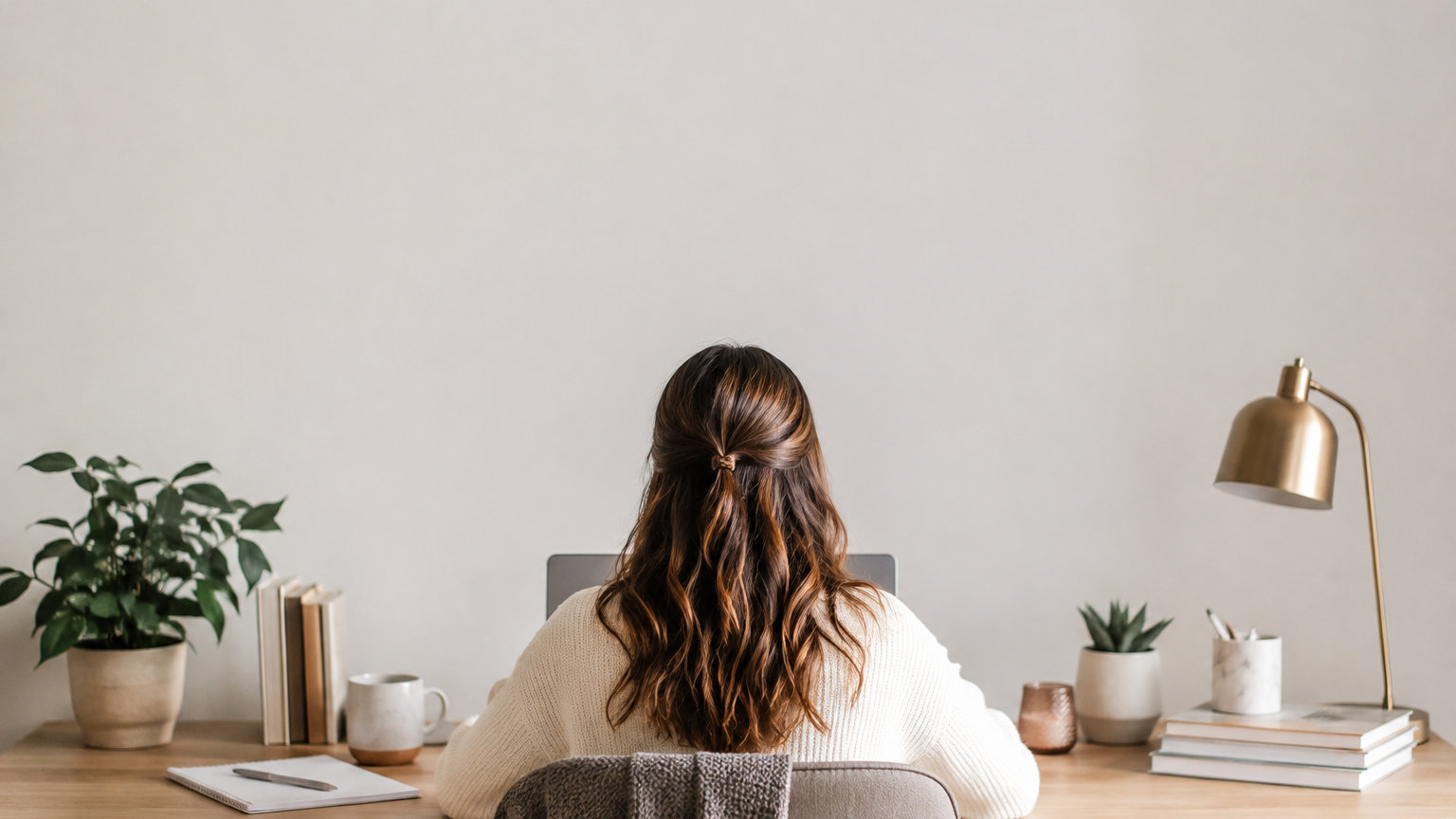 A woman reading at a tidy desk beside a plant and a stack of books