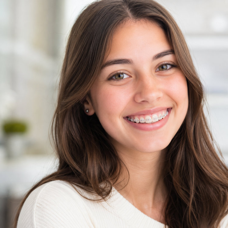 Smiling woman with ceramic braces