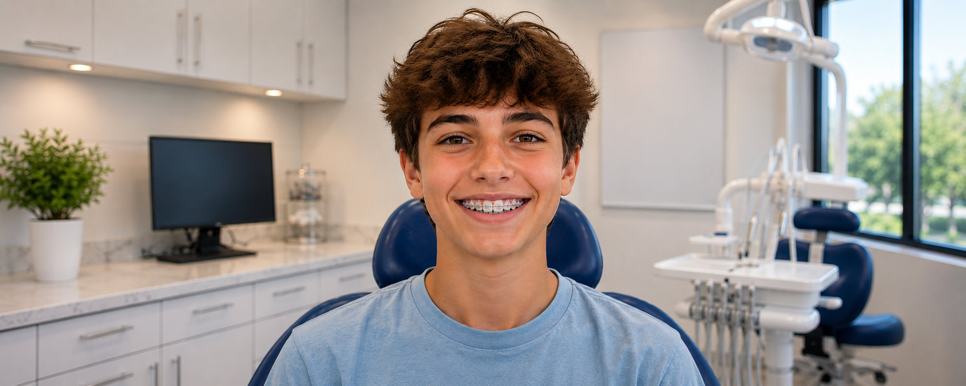 Smiling woman with ceramic braces